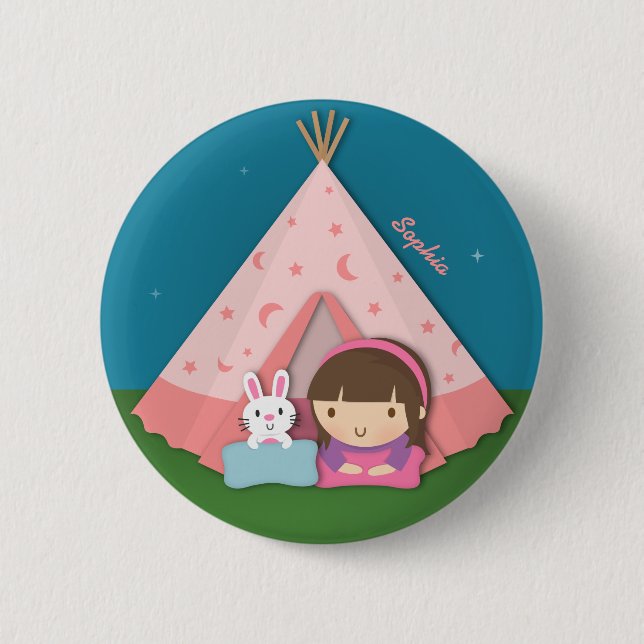 Girl Camping Teepee Tent Bunny 2 Inch Round Button (Front)