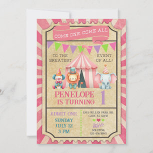 Girl carnival / circus ticket pink birthday invite