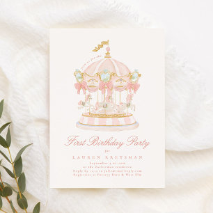 Girl Carousel Fairytale Bows Pink Birthday Party Invitation