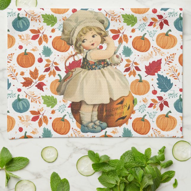 Girl Carving Apple and Colourful Pumpkins Hallowee Kitchen Towel (Folded)