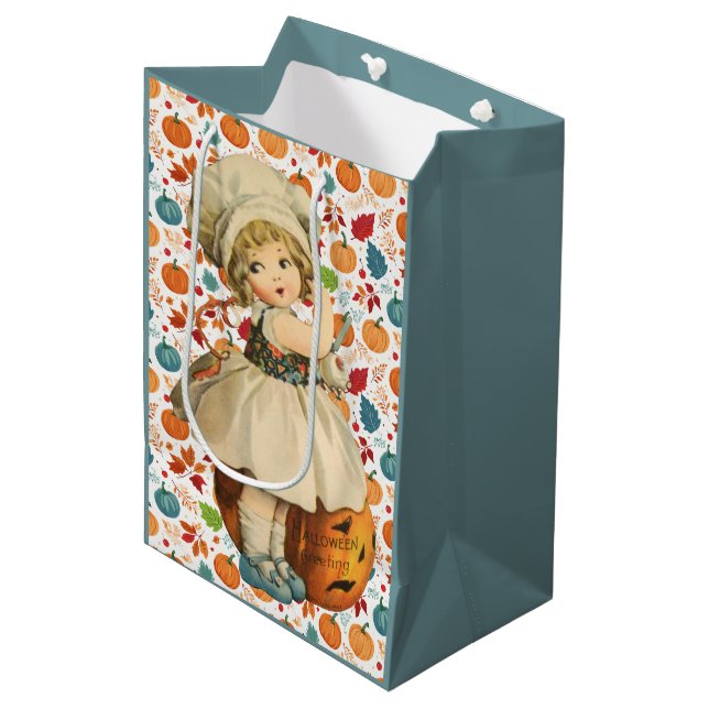 Girl Carving Apple and Colourful Pumpkins Hallowee Medium Gift Bag (Front Angled)