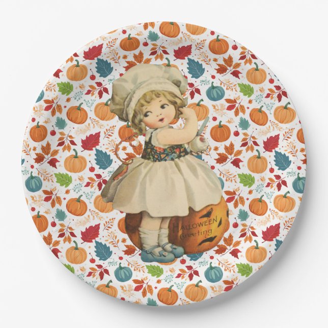 Girl Carving Apple and Colourful Pumpkins Hallowee Paper Plate (Front)