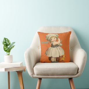 Girl Carving Apple Halloween Pillow