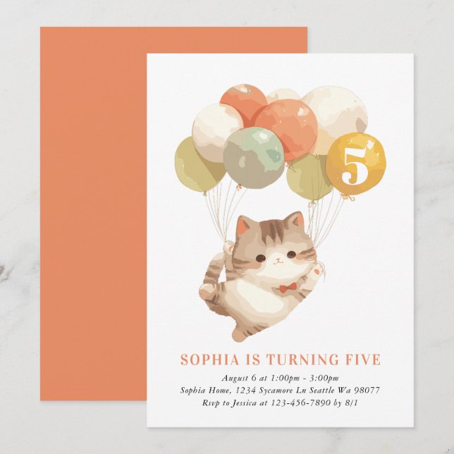 Girl Cat Birthday Invitations (Front/Back)