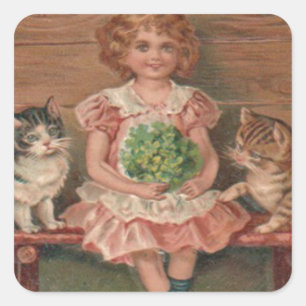 Girl Cat Kitten Flowers Birthday Square Sticker