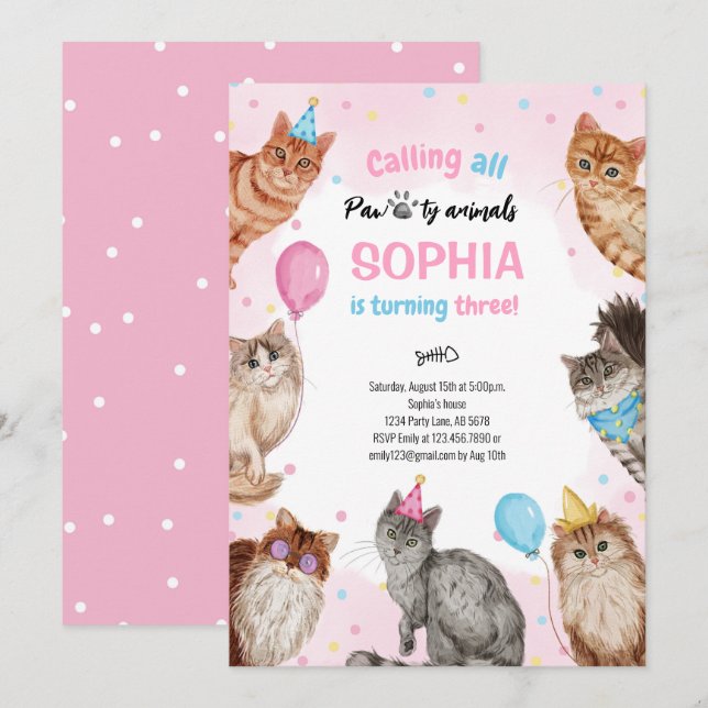 Girl Cat Pawty Animals Birthday Invitation (Front/Back)