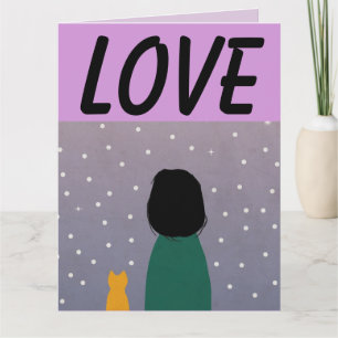 GIRL & CAT SNOW WINTER BIG BIRTHDAY CARD