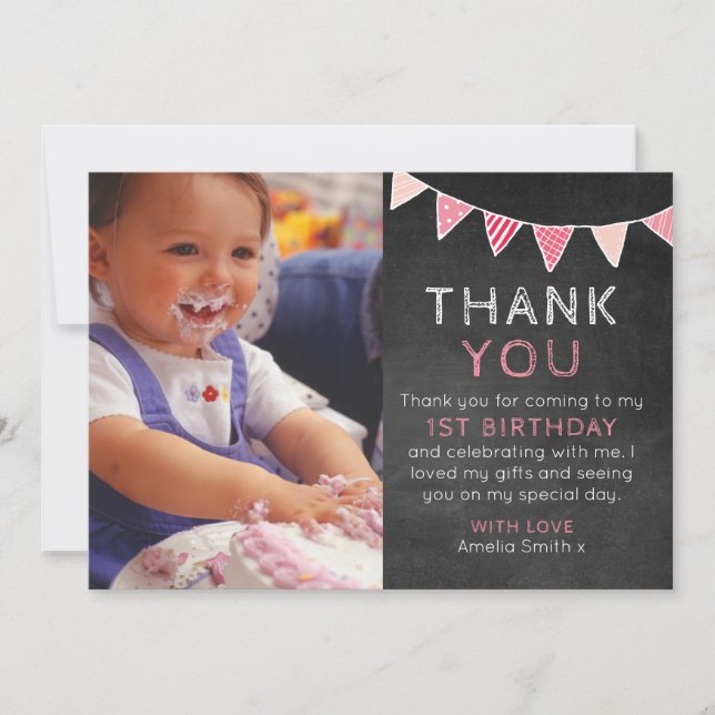 Girl chalkboard bunting birthday thank you card (Front)