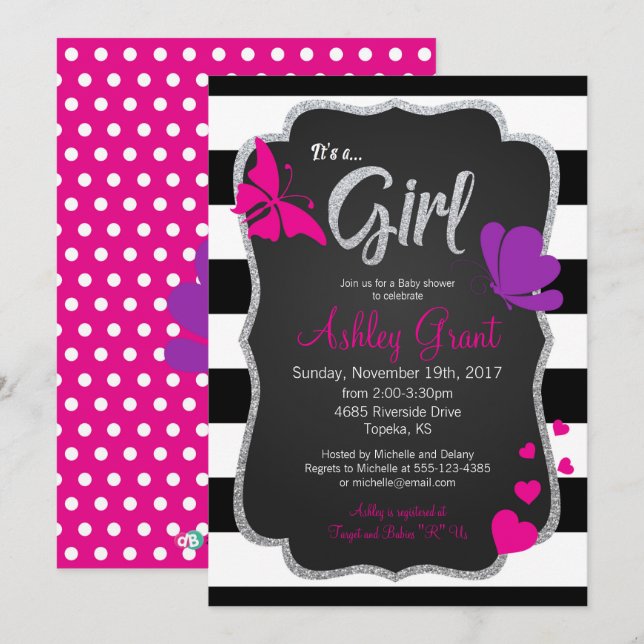 Girl Chalkboard Butterfly Baby Shower Invitation (Front/Back)