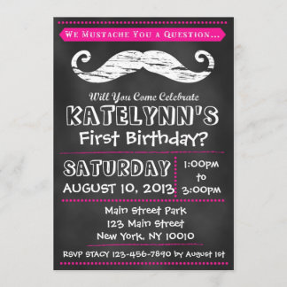 Girl Chalkboard Moustache Birthday Invitation