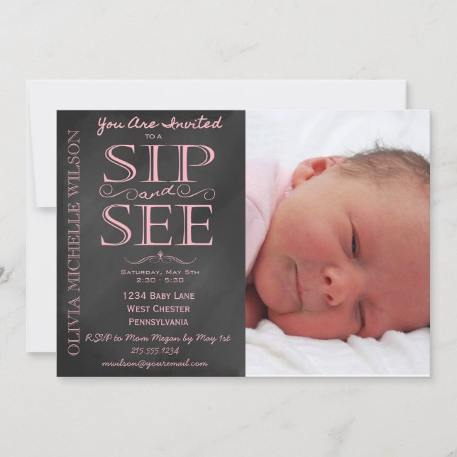 Girl Chalkboard Photo Sip and See Invitation (Front)