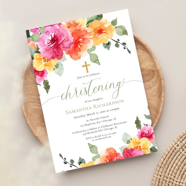 Girl Christening bright spring pink orange floral Invitation (Creator Uploaded)