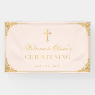 Girl Christening Pink Faux Gold Vintage Baptism Banner