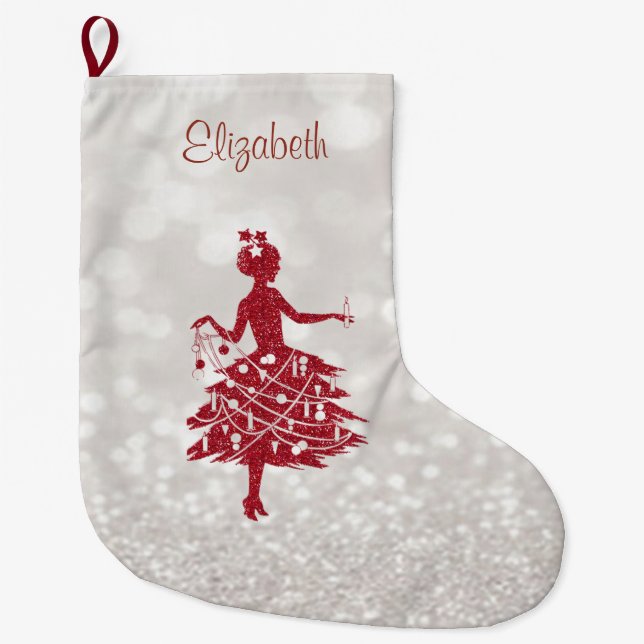 Girl Christmas Tree, Glittery Bokeh Large Christmas Stocking (Front)