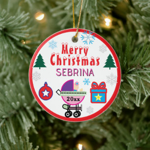 Girl Christmas Trees  Pink Doll Carriage Name Ceramic Ornament
