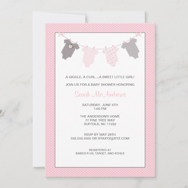 Girl Clothesline Baby Shower Invite Pink Grey (Front)