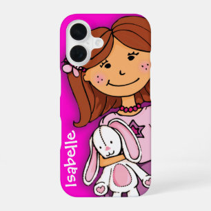 Girl clutching a white rabbit pink name case