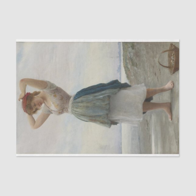 Girl Collecting Pebbles and Seashells on the Beach Tissue Paper (Front)