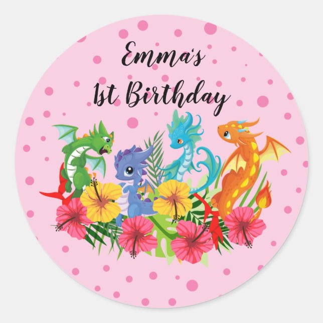 Girl Colourful  Dinosaur Tropical First Birthday Classic Round Sticker (Front)