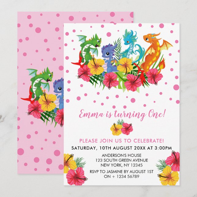 Girl Colourful  Dinosaur Tropical First Birthday Invitation (Front/Back)