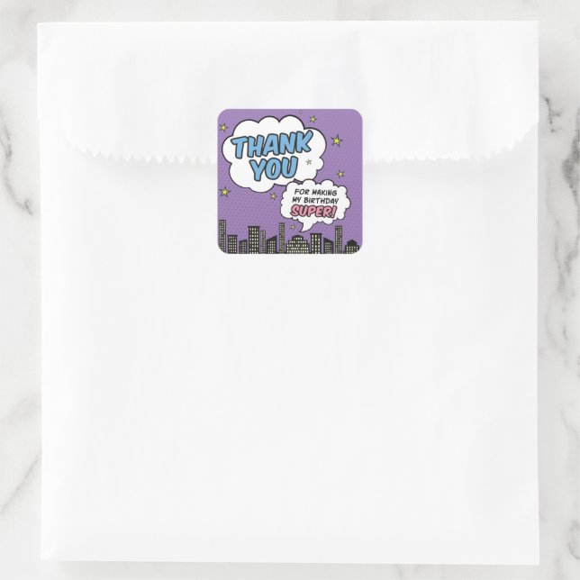 Girl Comic Book Superhero Birthday Thank You Square Sticker (Bag)