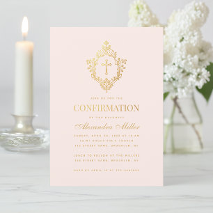 Girl Confirmation Blush Pink Faux Gold Crest Cross Invitation
