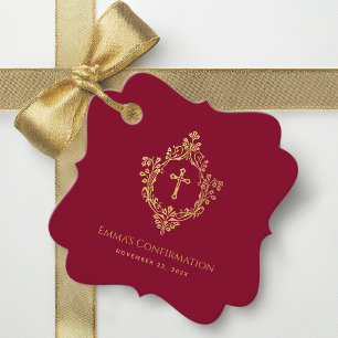 Girl Confirmation Burgundy Elegant Faux Gold Crest Favour Tags