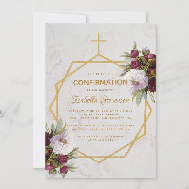 Girl Confirmation Burgundy Red Peonies Marble Gold Invitation (Front)