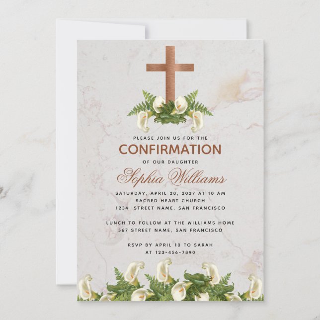 Girl Confirmation Copper Cross Calla Lilies Marble Invitation (Front)