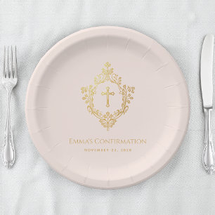 Girl Confirmation Crest Pink Faux Gold Vintage Paper Plate