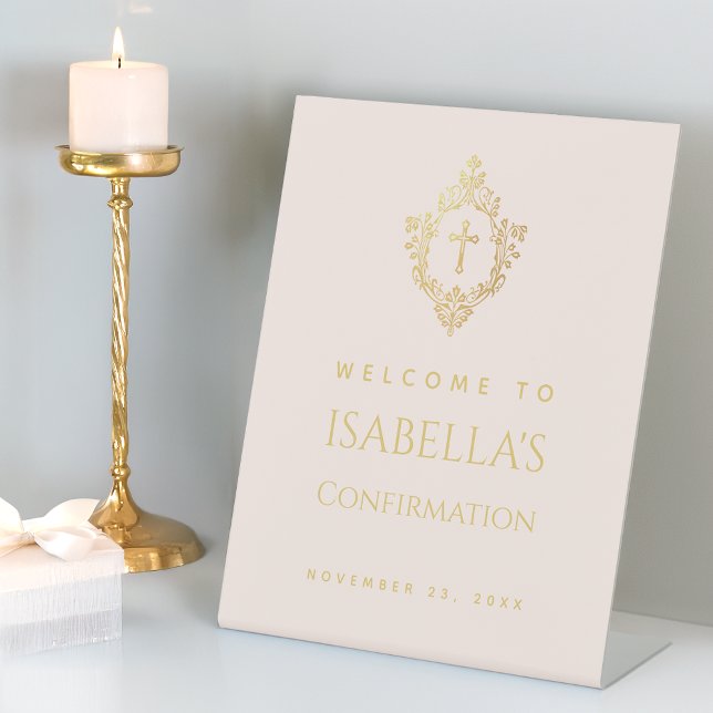 Girl Confirmation Elegant Pink Gold Cross in Crest Pedestal Sign (Creator Uploaded)