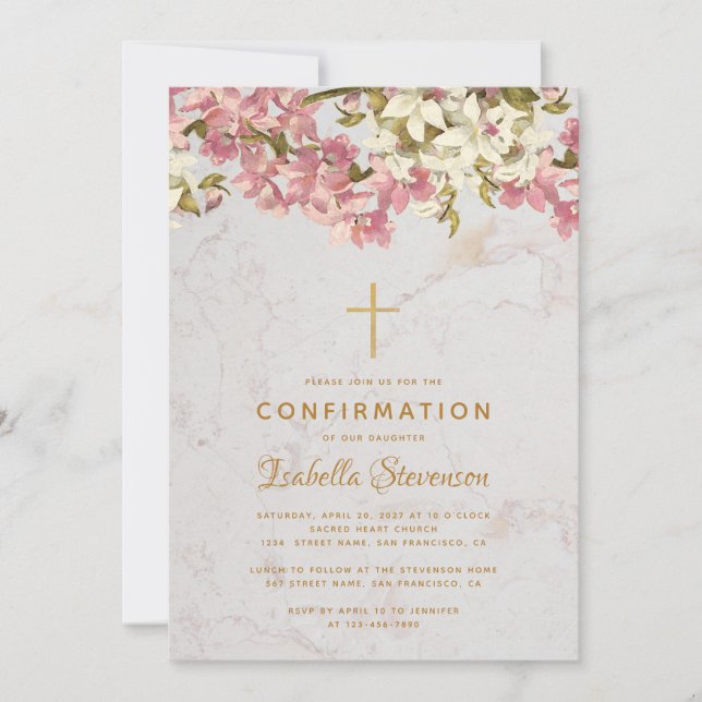 Girl Confirmation Floral Cross Pink Orchids Marble Invitation (Front)