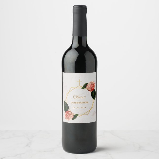 Girl Confirmation Floral Gold Marble Pink Camellia Wine Label (Front)