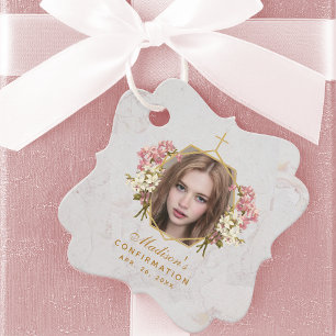 Girl Confirmation Photo Pink Orchids Gold Marble Favour Tags