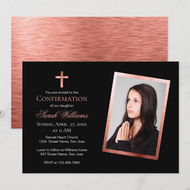 Girl Confirmation Photo Rose Gold Black Pink Invitation (Front/Back)