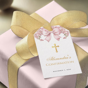 Girl Confirmation Pink Bow Faux Gold Cross Floral Gift Tags