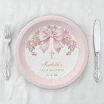 Girl Confirmation Pink Bow Floral Faux Gold Cross Paper Plate<br><div class="desc">A girly pink and white design for girl's religious confirmation. The text is mostly golden and it is inside a white circle with pink border that has in the upper part an arched floral arrangement from pink orchids, with a big blush pink bow in the center. Below the bow but...</div>
