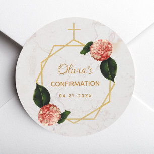 Girl Confirmation Pink Camellia Floral Gold Marble Classic Round Sticker