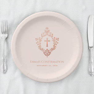 Girl Confirmation Pink Rose Gold Vintage Crest Paper Plate