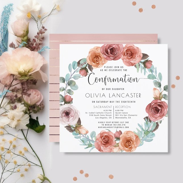 Girl Confirmation Rose Gold Blush Floral Wreath Invitation (Creator Uploaded)