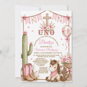 Girl Cowboy Spanish Uno Baptism & 1st Birthday  Invitation