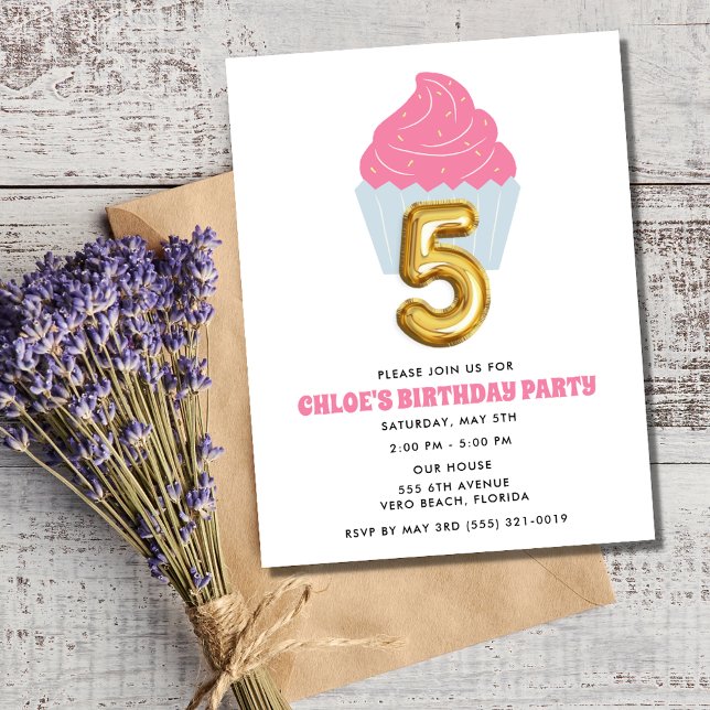 Girl Cupcake 5th Birthday Party  Invitation (Girl Cupcake 5th Birthday Party Invitation)