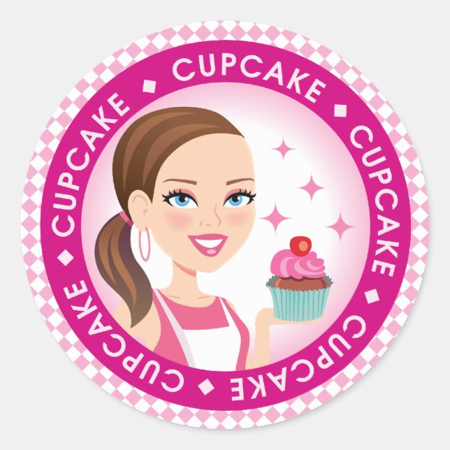 Girl & Cupcake Round Cupcake Label #2 (Front)