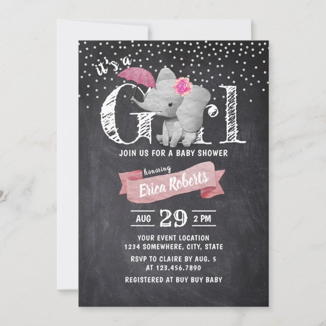 Girl Cute Elephant Rustic Chalkboard Baby Shower Invitation (Front)