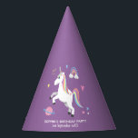 Girl Cute Magical Purple Unicorn Kids Birthday Party Hat<br><div class="desc">This cute and magical kids Birthday party hat design features a unicorn cartoon with a rainbow,  planet,  crown,  heart and stars,  and can be personalized with your girls name and the date of your party. The perfect purple princess addition to your child's Birthday party.</div>