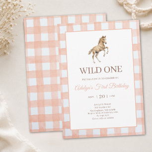 Girl Cute Peach Gingham Horse First Birthday Invitation