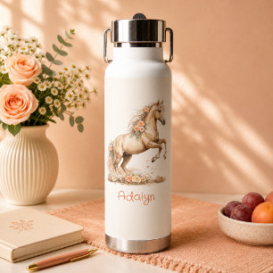 Girl Cute Peach Horse Rose Personalized Name Water Bottle