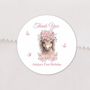 Girl Cute Pink Floral Horse First Birthday Classic Round Sticker