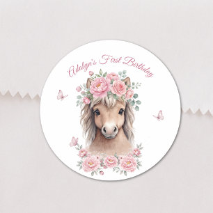 Girl Cute Pink Floral Horse First Birthday Classic Round Sticker