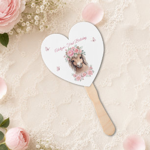 Girl Cute Pink Floral Horse First Birthday Hand Fan